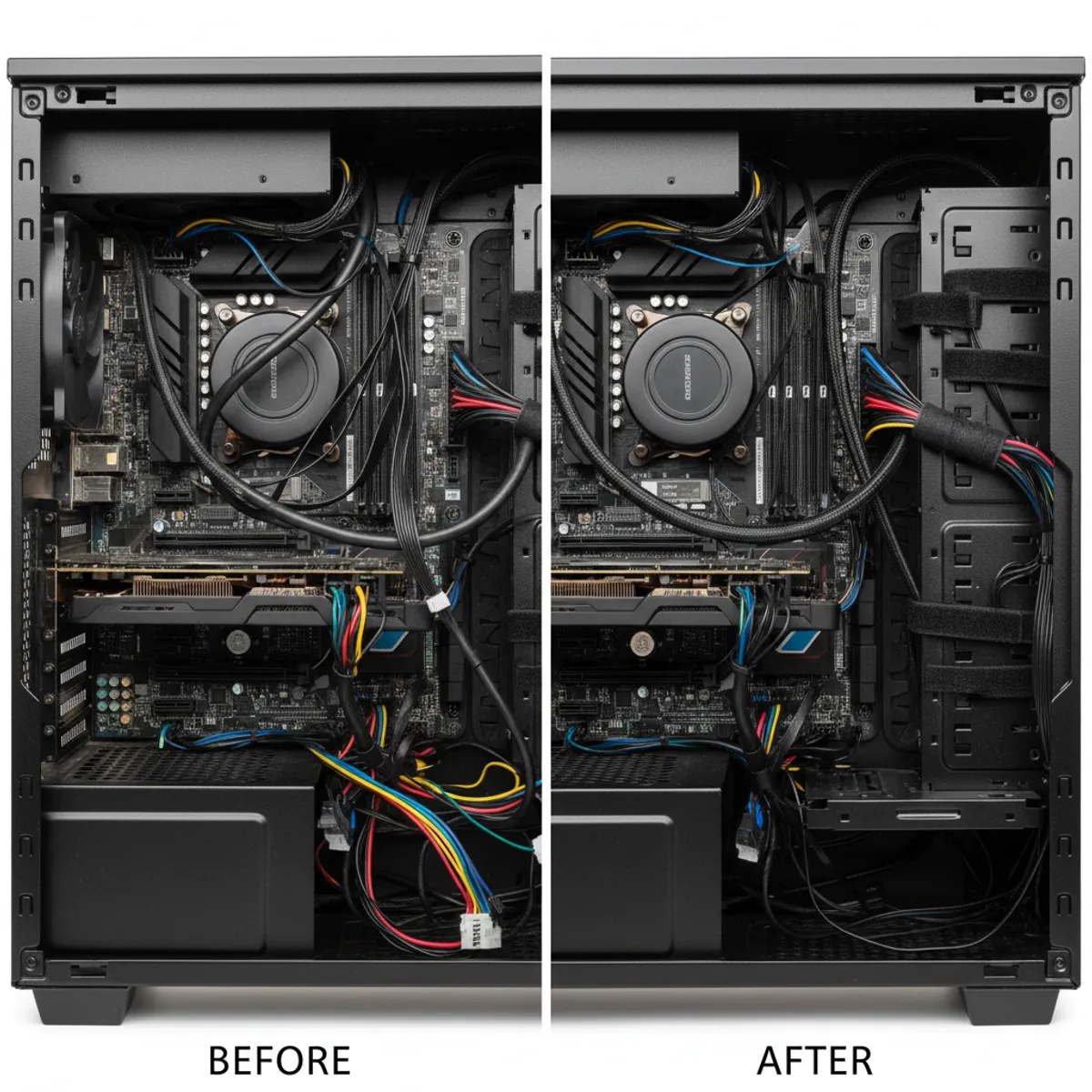 Outils cable management PC colliers serrage velcro peignes câbles gaines tressées