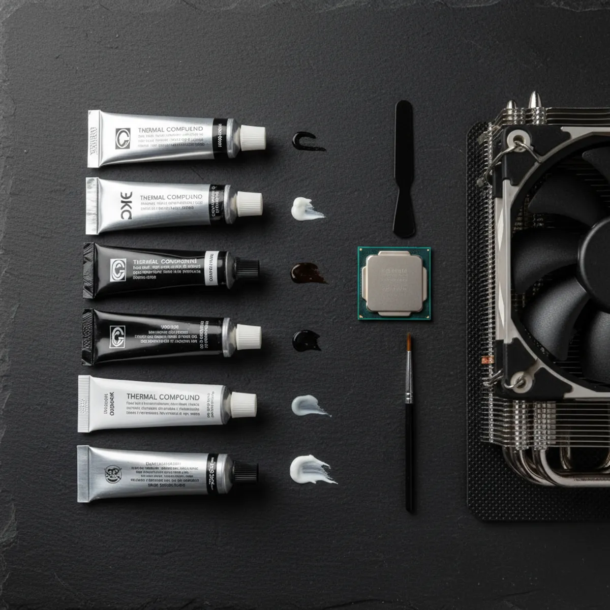 Comparatif pâtes thermiques Thermal Grizzly Kryonaut Noctua NT-H2 Arctic MX-6 seringues sur processeur