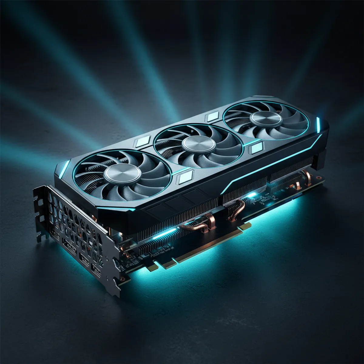 Carte graphique GPU triple ventilateur haut de gamme avec éclairage bleu cyan pour benchmark gaming 4K