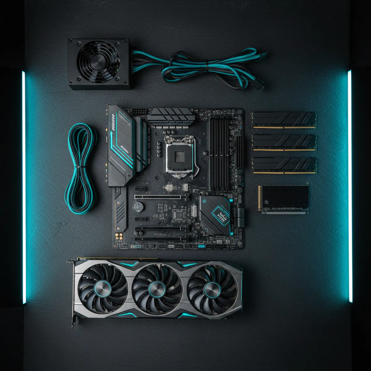 Composants PC gaming disposés en flat lay sur surface sombre avec carte graphique processeur SSD et alimentation pour montage configuration