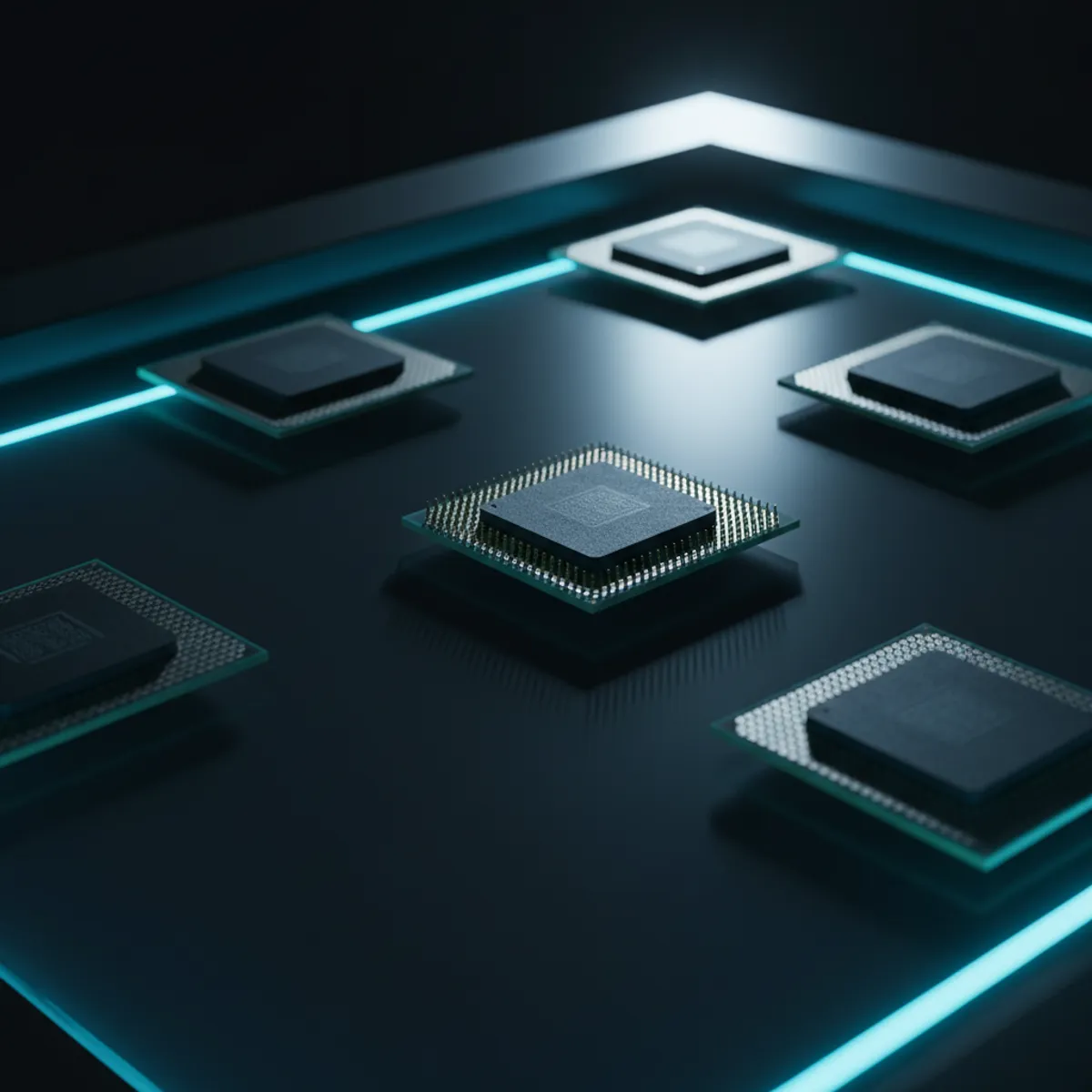 Processeurs AMD Ryzen et Intel Core sur surface réfléchissante avec éclairage cyan pour test benchmark comparatif